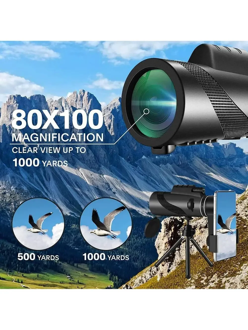 Monocular-Telescope 80x100 High Powered Monocular w/ Smartphone Adapter & Tripod